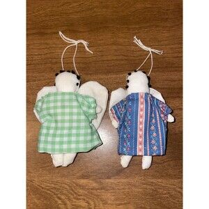 Pair Vintage Handmade Angel Ornaments Fabric Stuffed Country Folk Art Primitive